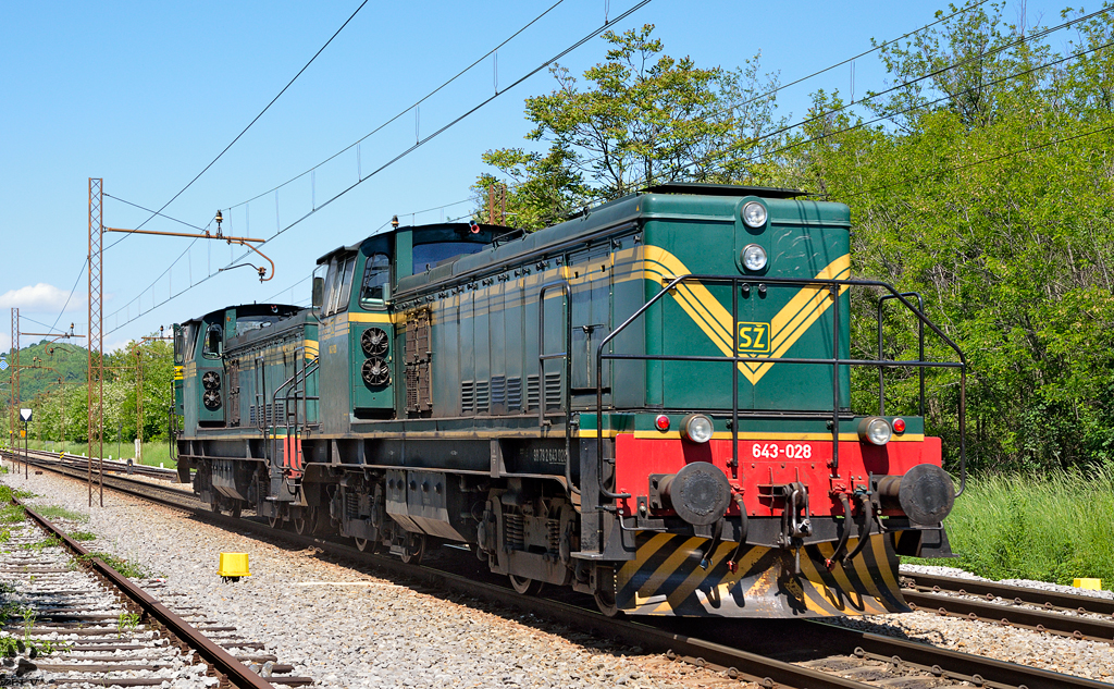 Diesel locs 643-028 and 643-014 are running through Maribor-Tabor on the way to Maribor station. /14.5.2013