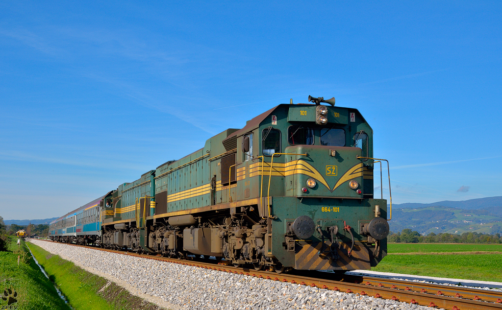 Diesel locs 664-101+664-? are hauling MV247 'Citadella' through Gaj on the way to Budapest. /17.10.2012