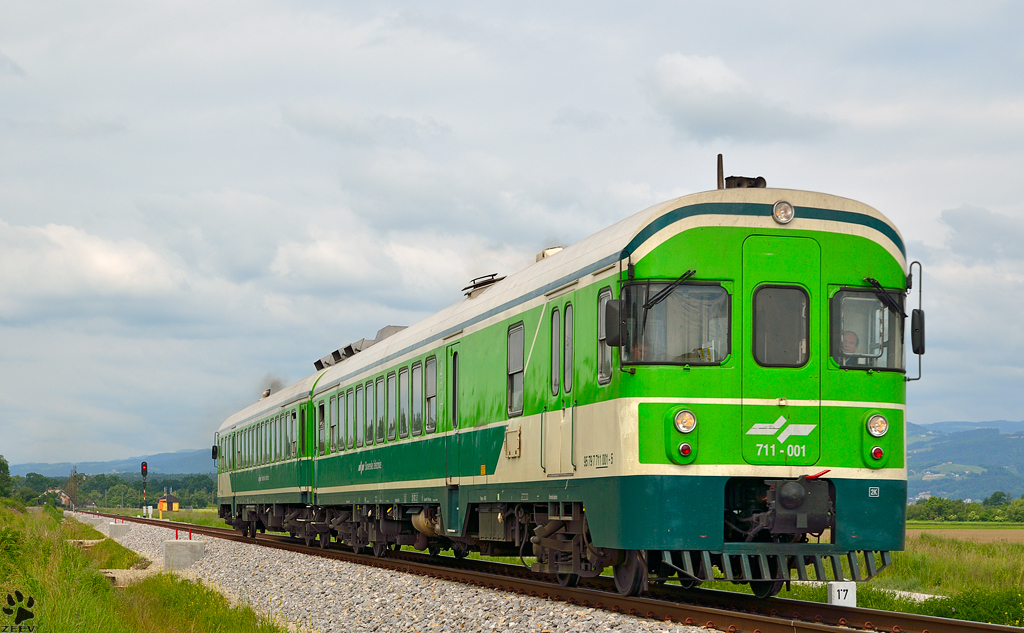 Diesel multiple unit 711-001 is running through Gaj on the way to Murska Sobota. /24.5.2013