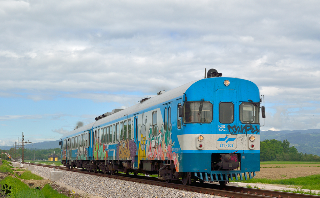 Diesel multiple unit 711-003 is running through Gaj on the way to Murska Sobota. /3.5.2013