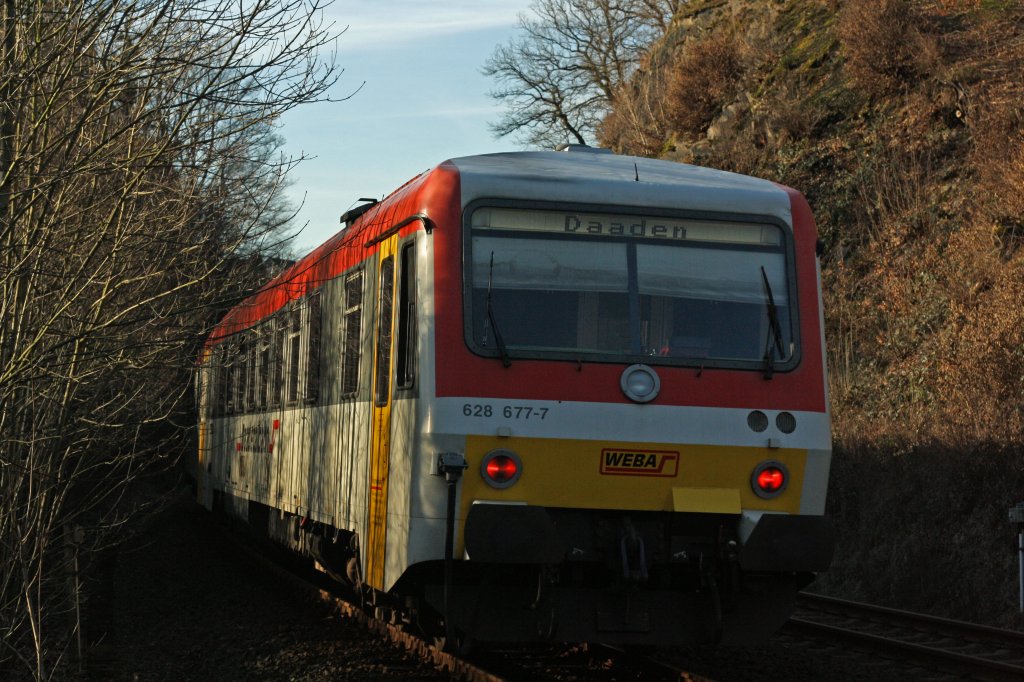 Diesel multiple units 628 677-7 (Daadetalbahn) of the Westerwaldbahn (WEBA) on 07/02/2011 has just been the Alsdorf tunnel  (in Betzdorf-Alsdorf) and runs continue along to Betzdorf.