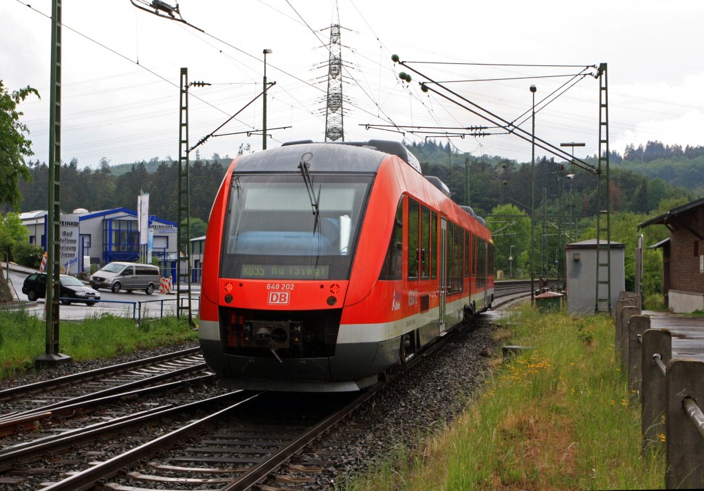 Diesel multiple units 648 202/648 702 (LINT41) of the 3-country train (RB95) has leave the station Scheuerfeld/Sieg on 05/15/2011 (Germany) and continue to Au/Sieg