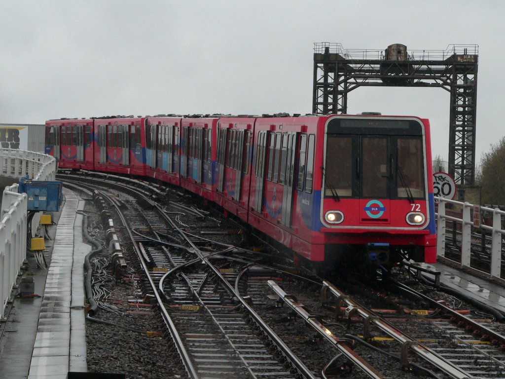 DLR (Docklands Light Railway) train is arriving West India Quay. This trains are driverless. 9. April 2012