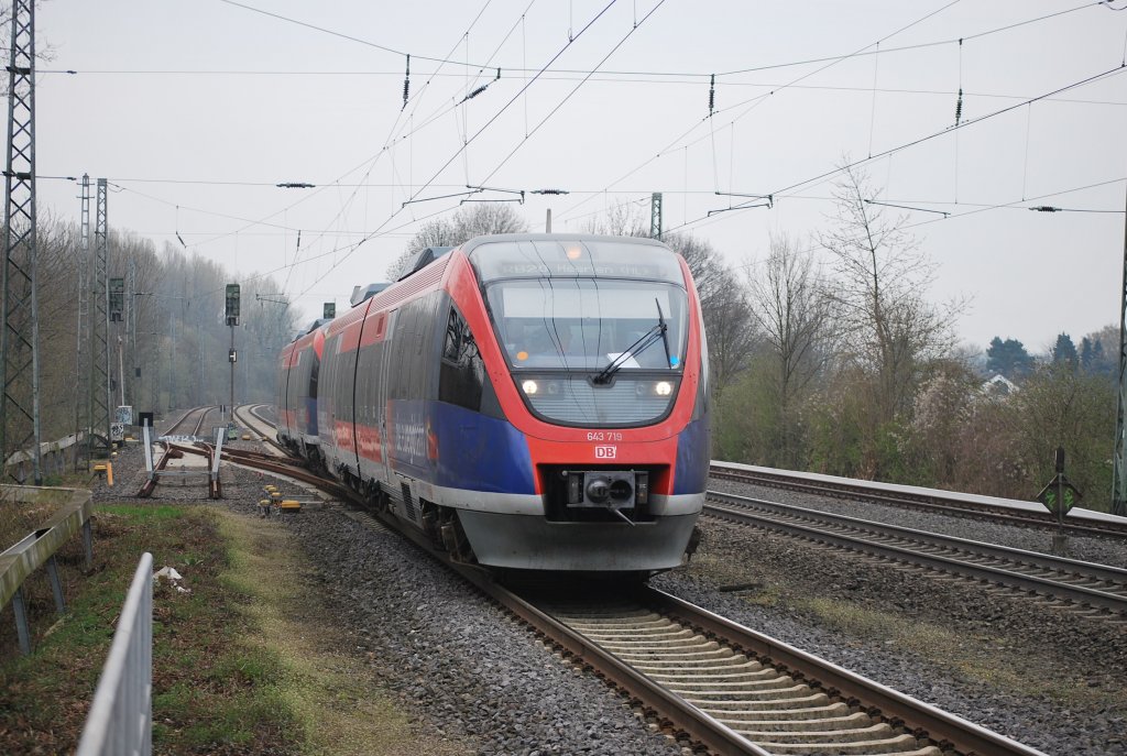 DMU  talent  class 643 (EuregioBahn 20 to Heerlen (NL) ) arriving at Kohlscheid on 29 March 2012.