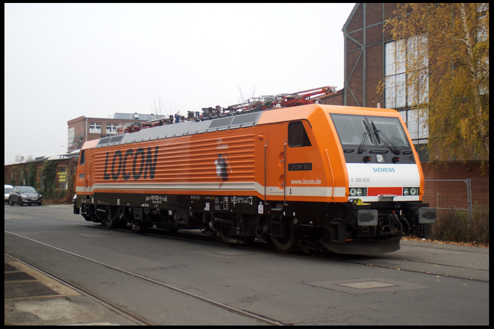 E 189 820 (Class 189-VE) is the newest locomotive to LOCON. Seen at November 18, 2011 in Berlin-Reinickendorf (Germany)