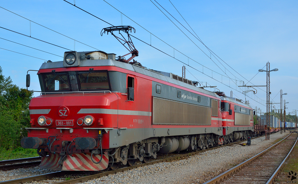 Electric locs 363-001 and 363-014 are hauling container train through Pragersko on the way to the port Koper. /5.10.2012