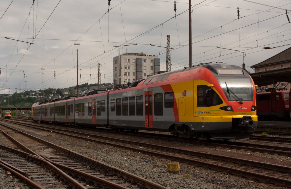 Electrical Multiple Unit 429 041 a 5-piece Stadler Flirt of the HLB (Hessischen Landesbahn) on 15/05/2011 parked at the main station Siegen. Fhotographs out of the South Westphalia Railway Museum in Siegen.