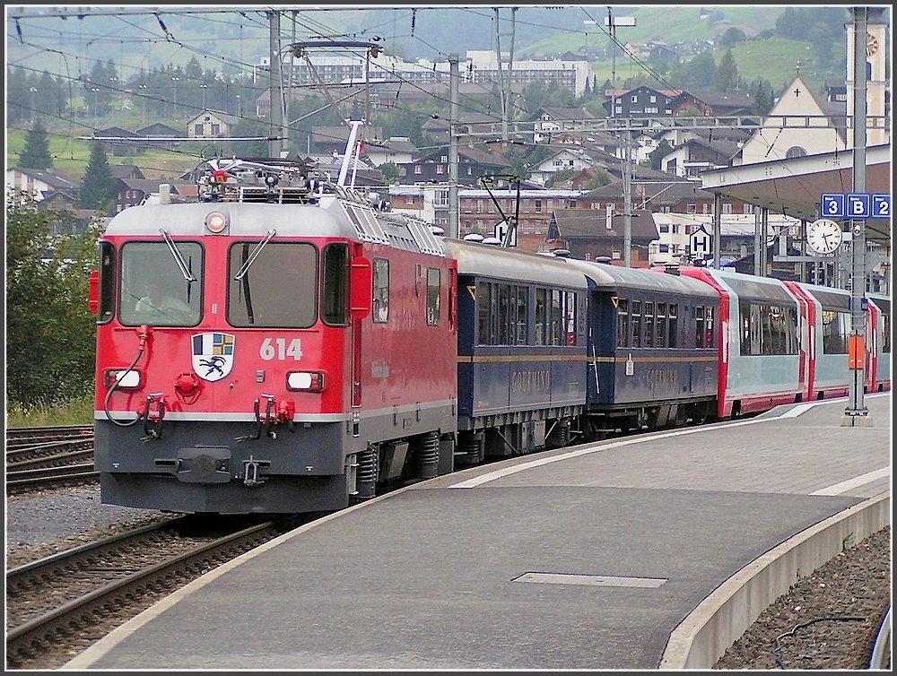 Ge 4/4 II 614  Schiers  with the Glacier Express is leaving the station of Disentis/Mustér on August 7th, 2007.