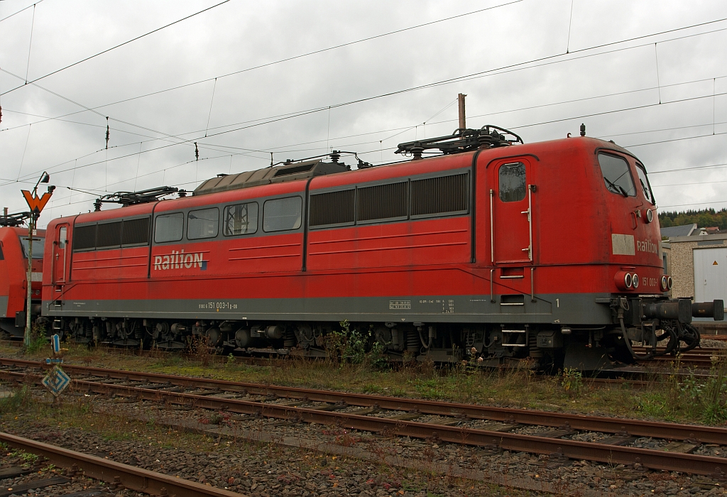 German electric locomotive 151 003-1  from the Railionparked at the 08.10.2011 in Kreuztal (Germany).