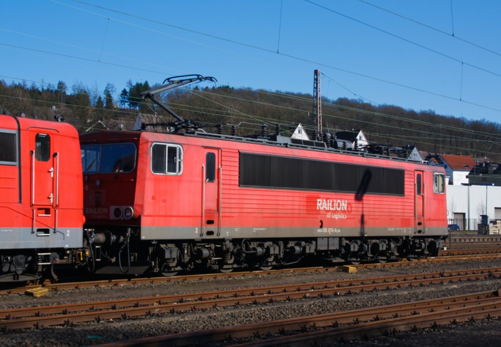 German electric locomotive 155 070-6 from the RAILION Logistics  parked at the 07/03/2011 in Kreuztal (Germany).