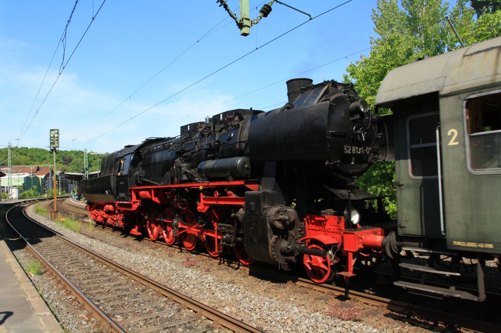 German Steam Locomotive 52 8137-0 from the Eisenbahnfreunde Betzdorf on 08.05.2011 in the station Betzdorf/Sieg. The locomotive is moving ahead to Tender, and will run to (Au/Sieg).