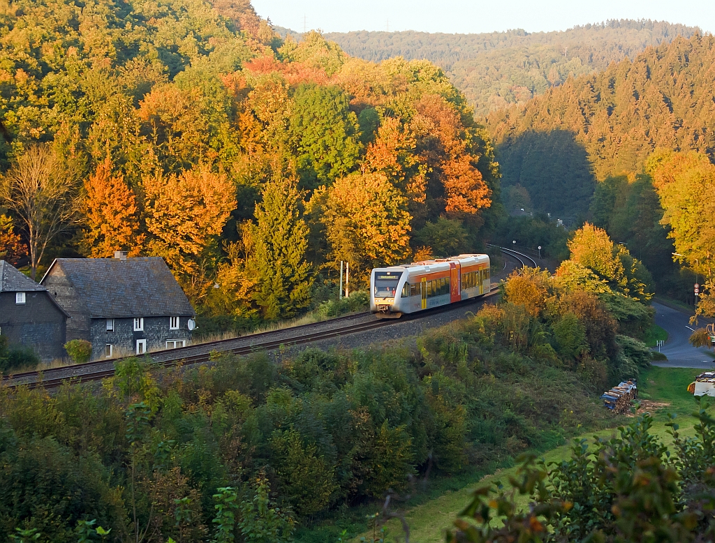 Herdorf-Sassenroth on 03.Okt.2011: A Stadler GTW 2 / 6 of the Heller Valley Railway (Hellertalbahn) moves toward Betzdorf/Sieg.