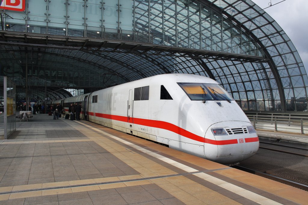 Here 401 087-2  Fulda  as ICE279 from Berlin Ostbahnhof to Interlaken East. Berlin main station, 25.2.2012.