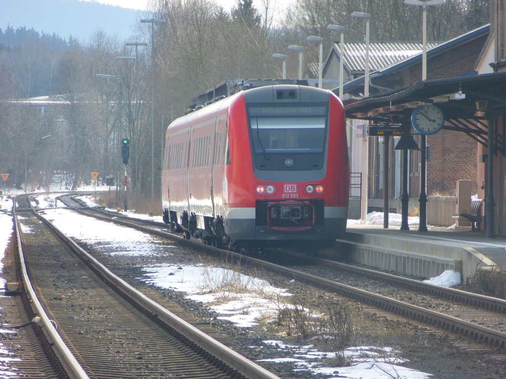 Here you can see a lokal train to Wrzburg main station on March 24th 2013 in Schwarzenbach an der Saale.