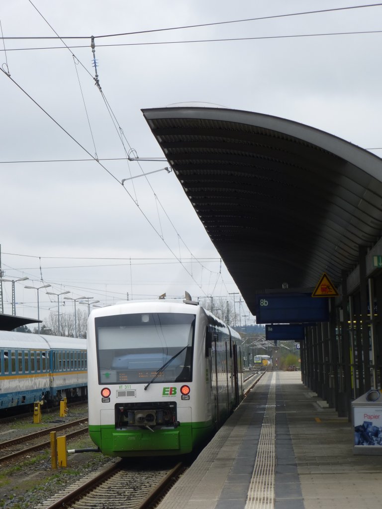 Here you can see a lokal train (EBX)in Hof main station on April 28th 2013. The train came from Erfurt main station.