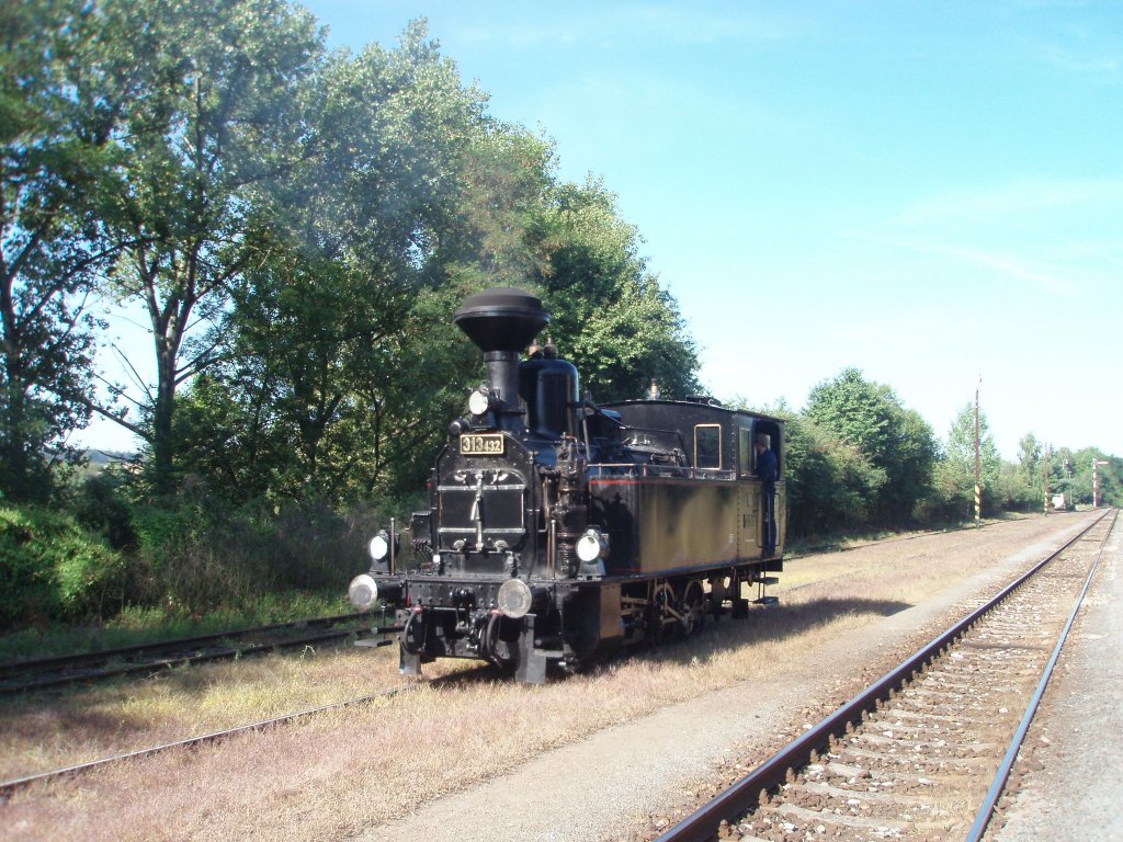 Historical steam locomotive 313.432 (nickname Matilda)18.8.2012 at the railway station Krup. A special train  Koleovka . Every Saturday in the Summer from station Lun to station Koleovice and back. http://www.khkd.cz/in_e.htm