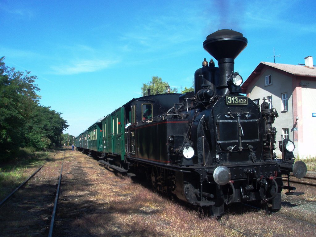 Historical steam locomotive 313.432 (nickname Matilda)18.8.2012 at the railway station Krup. A special train  Koleovka . Every Saturday in the Summer from station Lun to station Koleovice and back. http://www.khkd.cz/in_e.htm