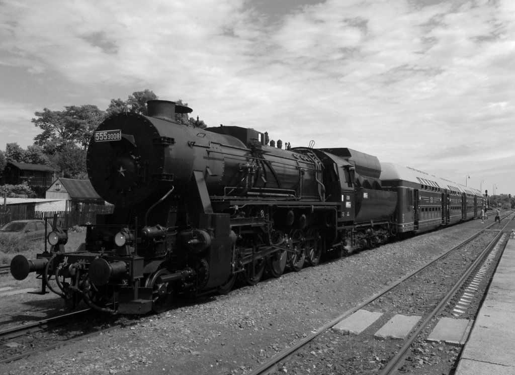 Historical steam locomotive 555.3008 (BR 52)17.6.2012 at the railway station Měcholupy. A special train from Lun u Rakovnka to Měcholupy and back.