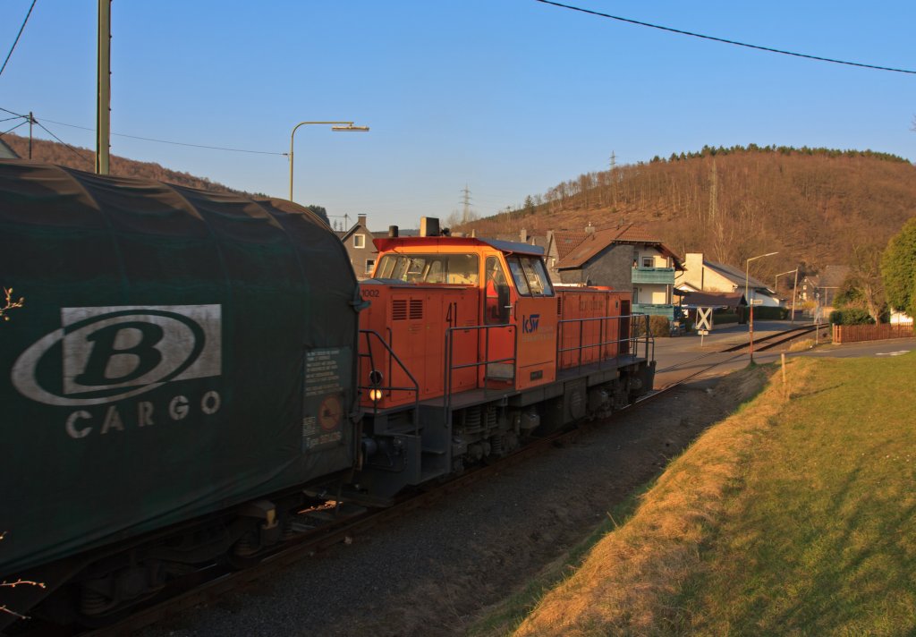 Locomotive 41 of the Kreisbahn Siegen-Wittgenstein (KSW) on 28.03.2011 with freight train on rail of the KSW, in Neunkirchen-Struthtten (Germany).