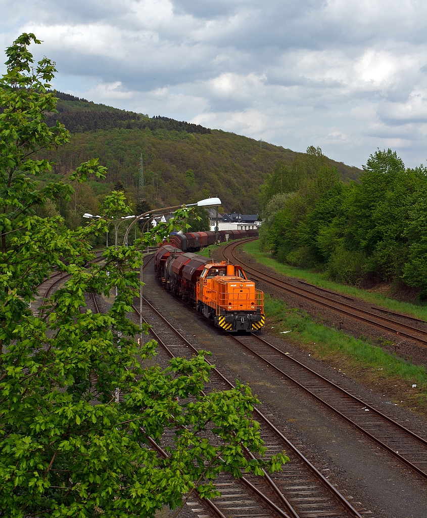 Locomotive 44 (MaK G 1000 BB) of the Kreisbahn Siegen-Wittgenstein (KSW) stands ready on 08.05.2012 with a freight train for the transfer drive to Betzdorf / Sieg, here in the KSW station Herdorf.