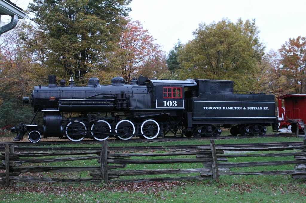 Locomotive TORONTO HAMILTON & BUFFALO RY. (TH&B) 103 is a 2-8-0 Consolidation type steam locomotive. It was built in 1910 by the Montreal Locomotive Works. 2.10.2010 Westfield Pioneer Village near Rockton, Ontario.