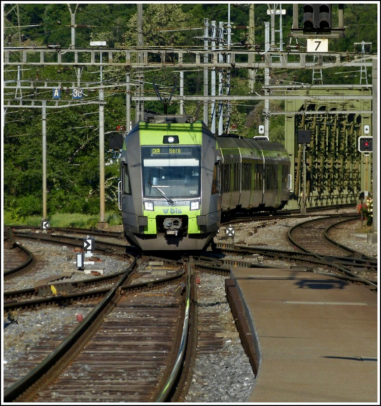 Ltschberger N 106 and Ltschbergerin N 113 are entering into the station of Brig on May 25th, 2012.