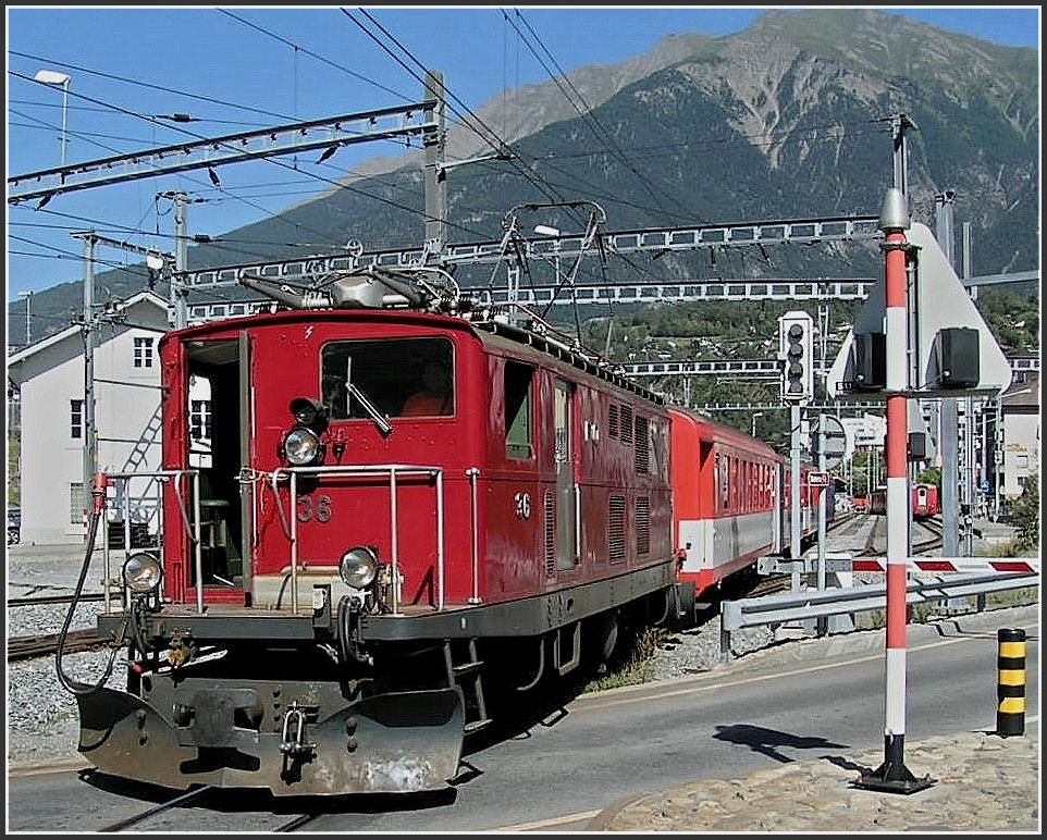 MGB HGe 4/4 36 is leavind the station of Brig on July 31st, 2007.