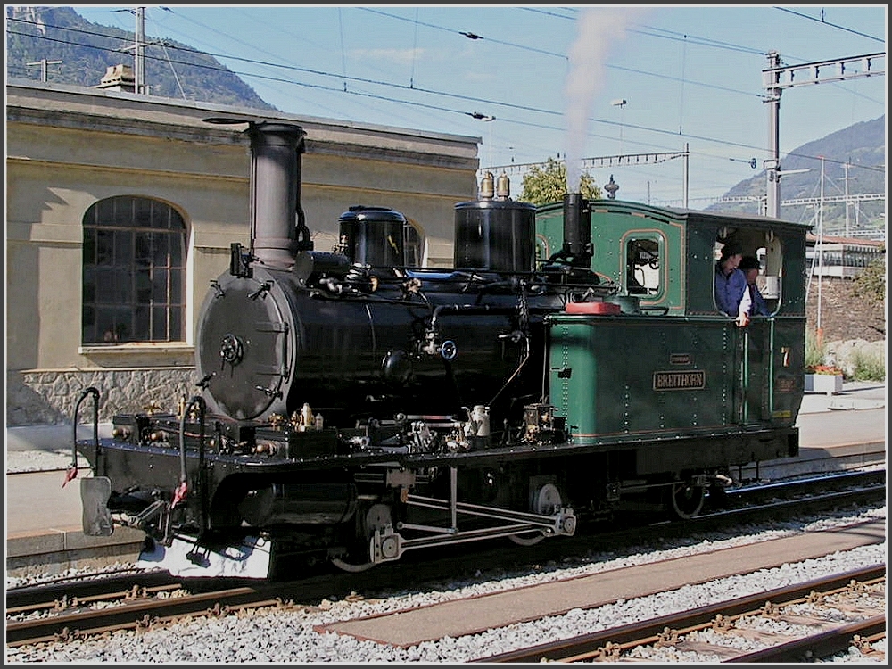 MGB steam engine HG 2/3 Nr 7  Breithorn  is running through the MGB station at Brig on August 5th, 2007.