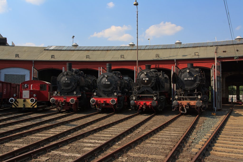 Museum Day on 04/24/2011 in South Westphalia Railway Museum in Siegen. The following locomotives are see out of the roundhouse (from left to right): K 0188 (ex 311 188), 38 1772 (P8), 57, 3088, 82 008 and 051724-3.