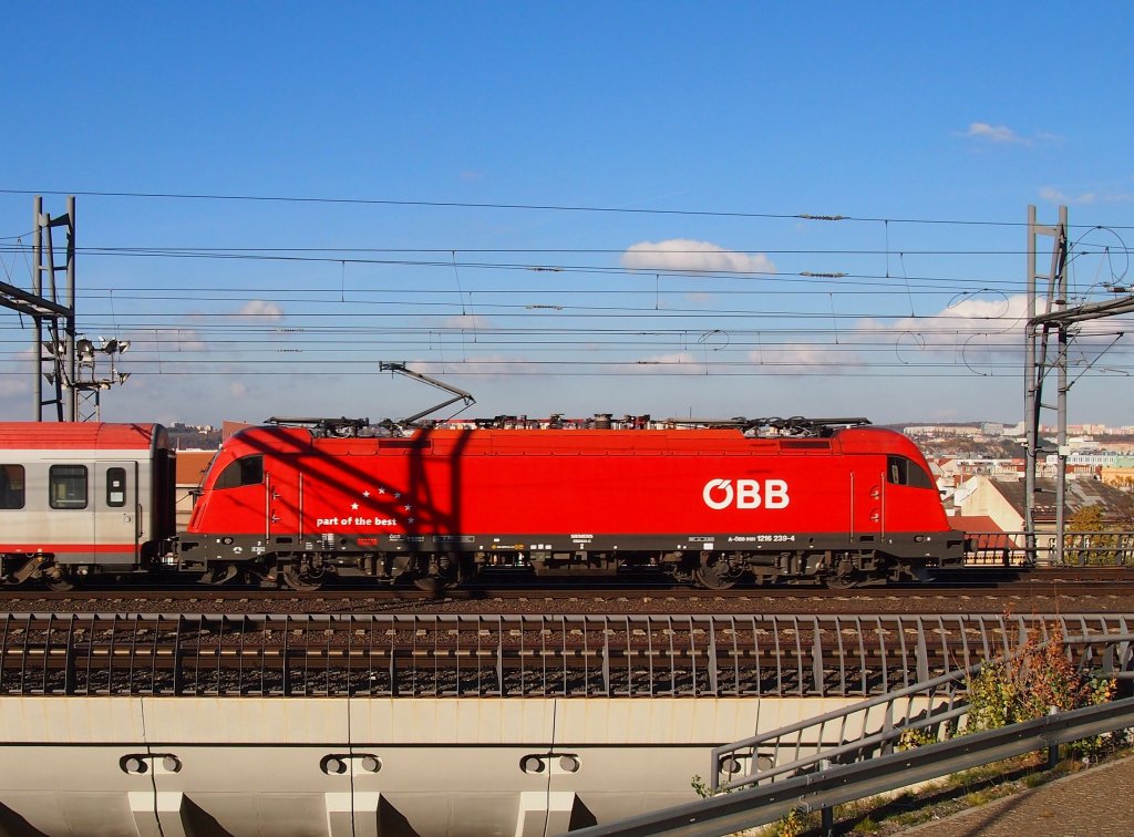 BB Taurus III 1216 239 (ES64U4) near the capital railway station Prague on the 31 Oct 2012.