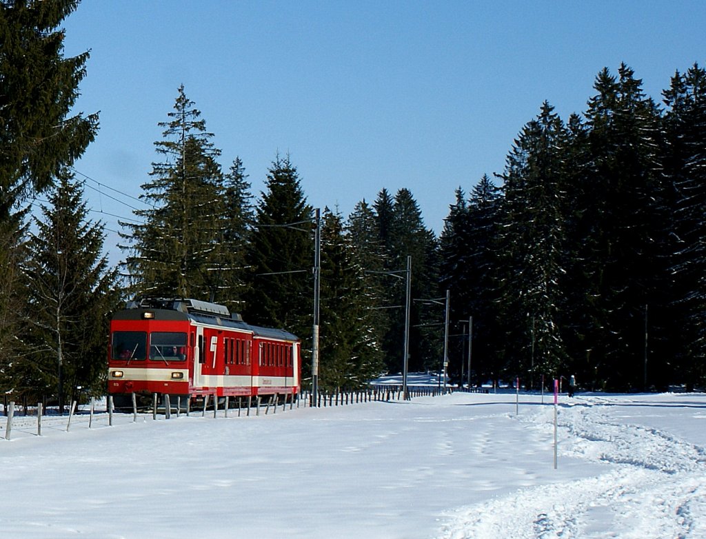 On the way to La Chaux de Fonds: CJ local train by Les Creux-des Biches. 
16.02.2010