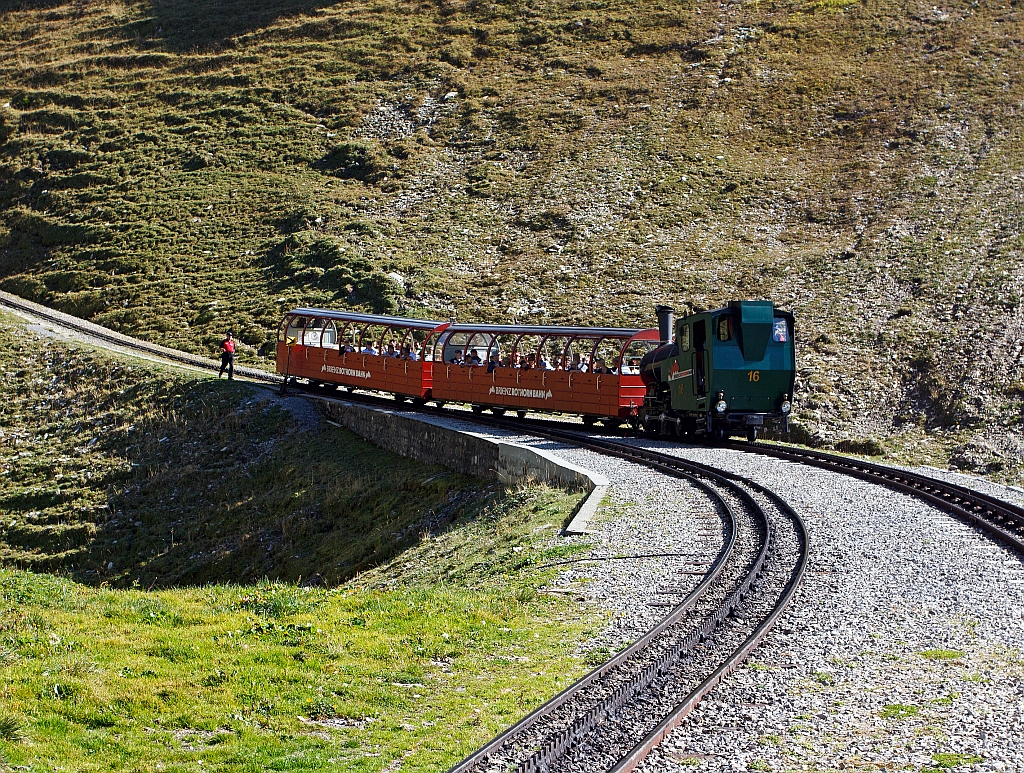 Our train (with the diesel BRB 9) followed by the fuel oil-fired BRB 16 (Brienz Rothornbahn) down. Here at the crossing point Oberstafel (1828 m above sea level) on 01.10.2011.