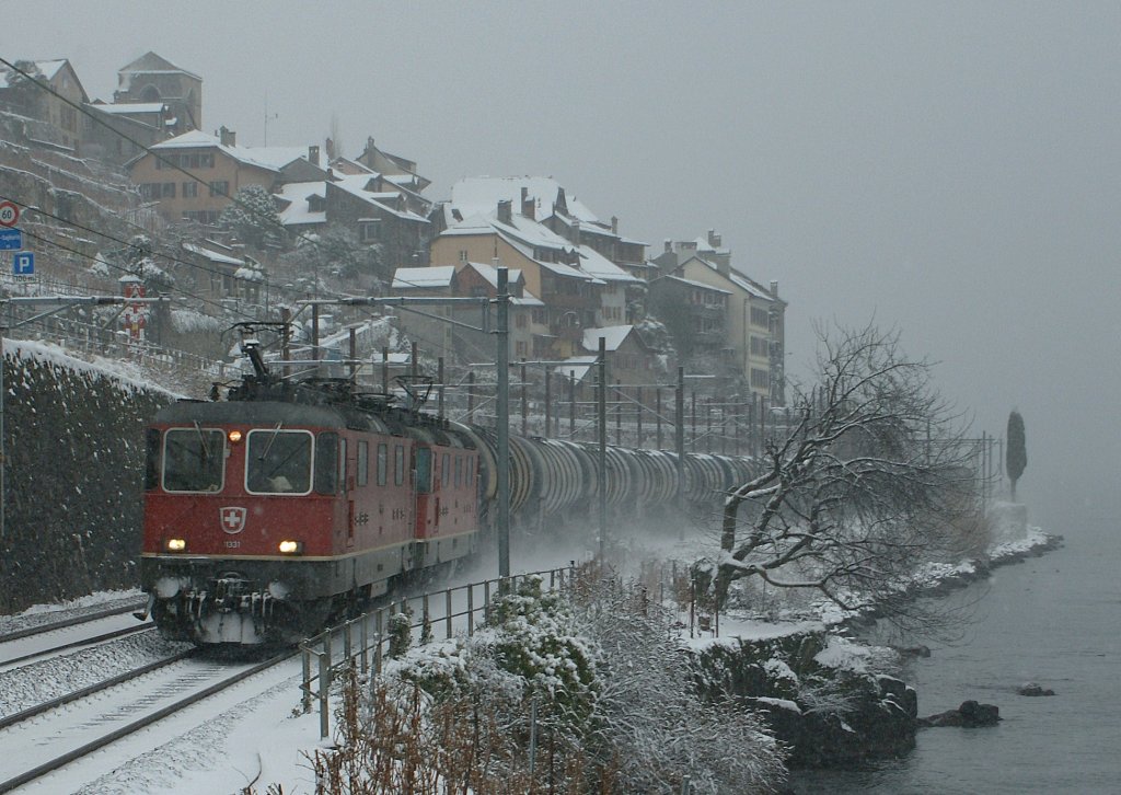 Re 4/4 II with a cargo train by St-Saphorin. 
04.01.2010