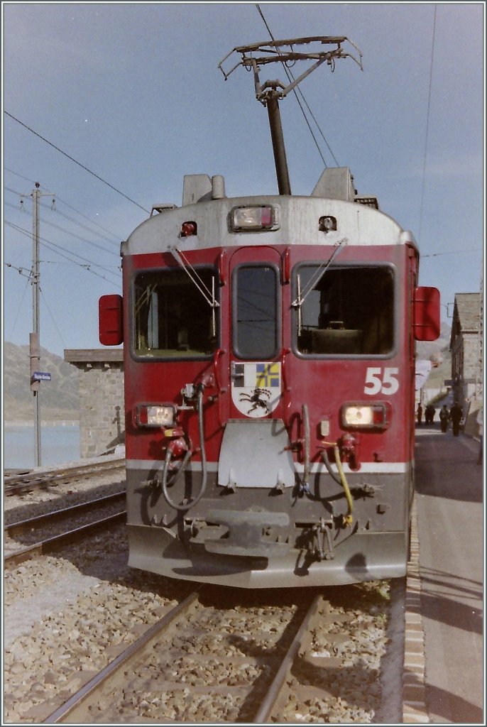 RhB Berninabahn ABe 4/4 N 55 in Bernina Ospizio. 
scanned Negative/September 1993