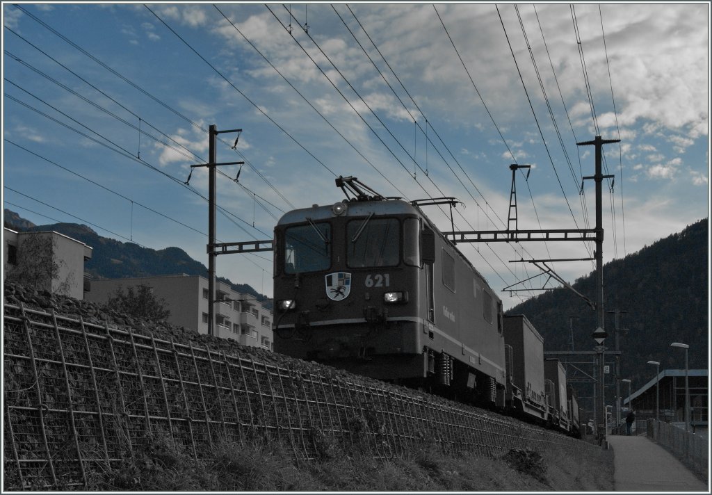 RhB Ge 4/4 II 621 with a Cargo Train in Chur Wiesental. 
01.12.2011