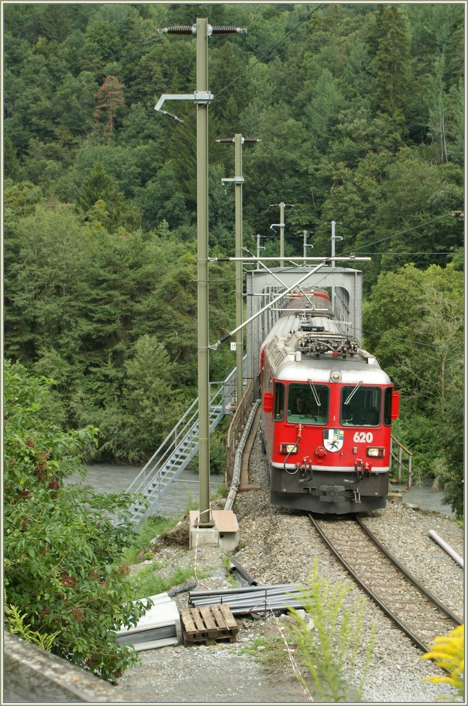 RhB Ge 4/4 II with a RE on the Rhein Bridge. 
13.08.2010