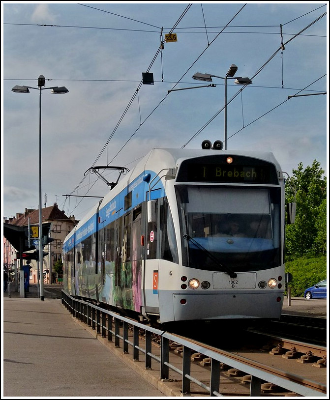 Saarbahn N 1002 is crossing the bridge near the stop Cottbuserplatz in Saarbrcken-Malstatt on May 28th, 2011.