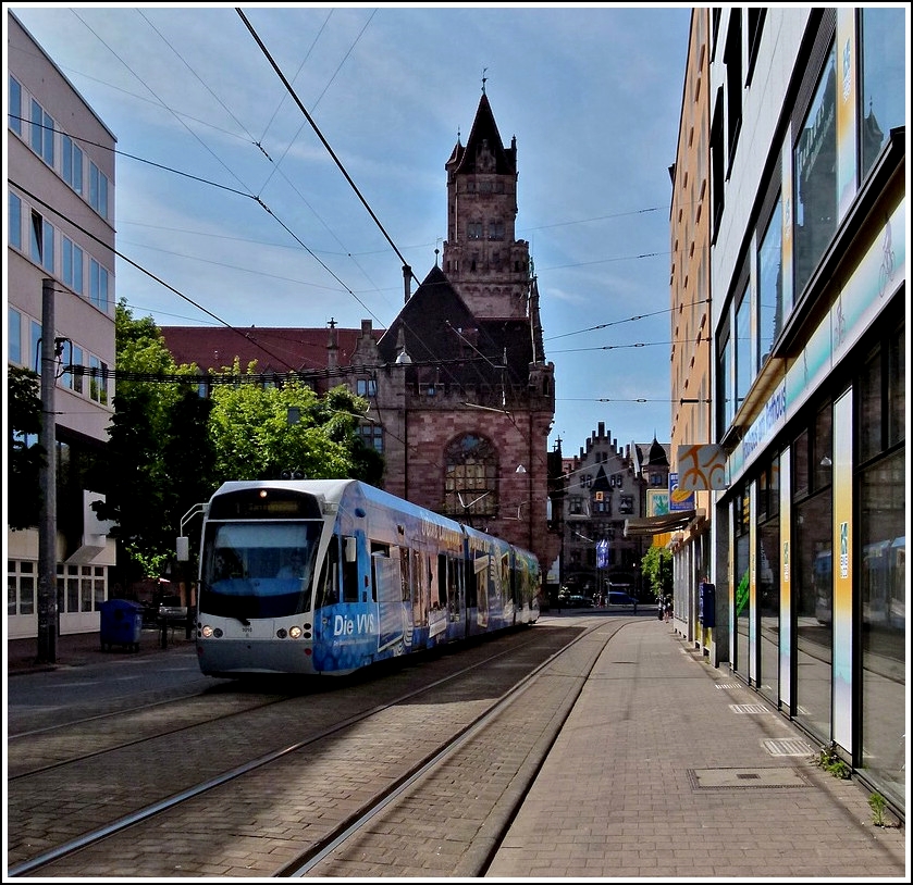 Saarbahn N 1010 is running through the Groherzog-Freidrich-Strae in Saarbrcken on May 29th, 2011.