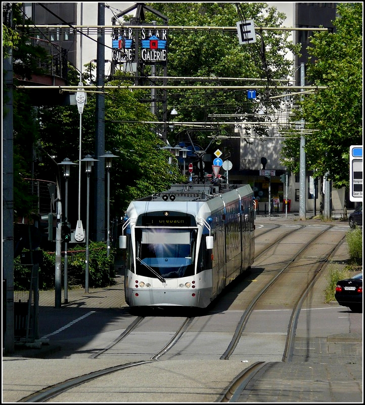 Saarbahn Tram N 1028 to Brebach taken near the the station of Saarbrcken on June 22nd, 2009.