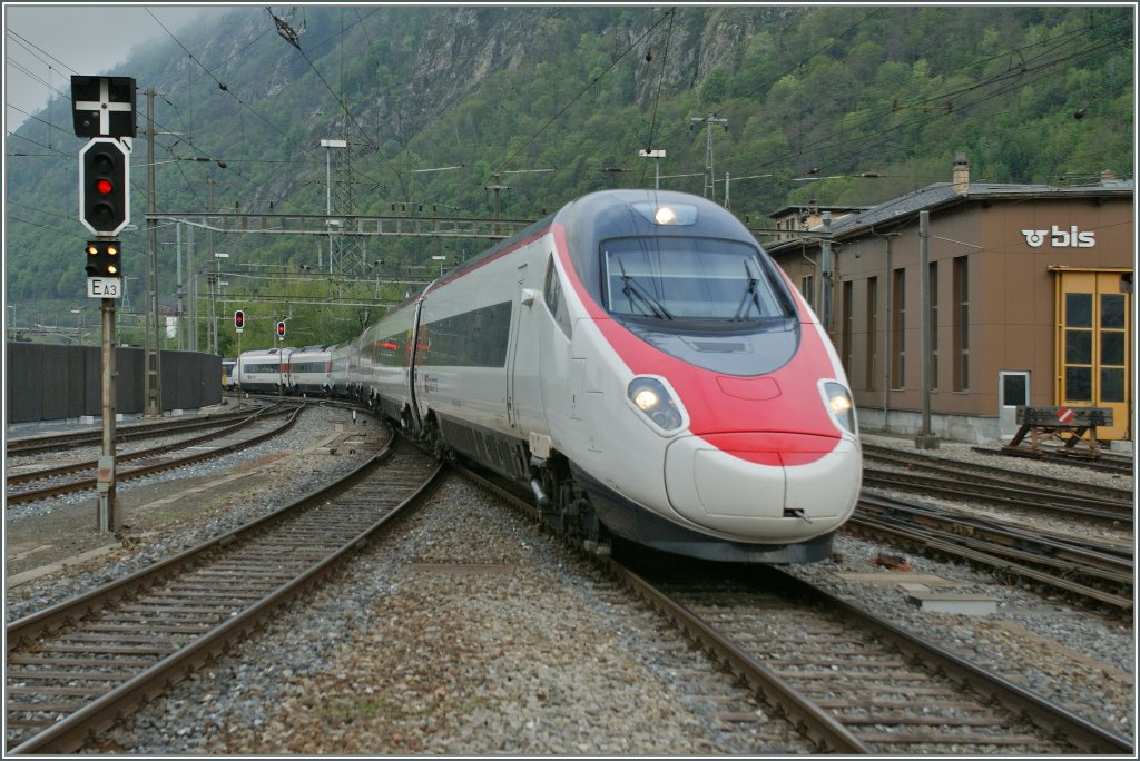 SBB ETR 610 from Geneva to Milan is arriving at Brig. 
04.05.2013