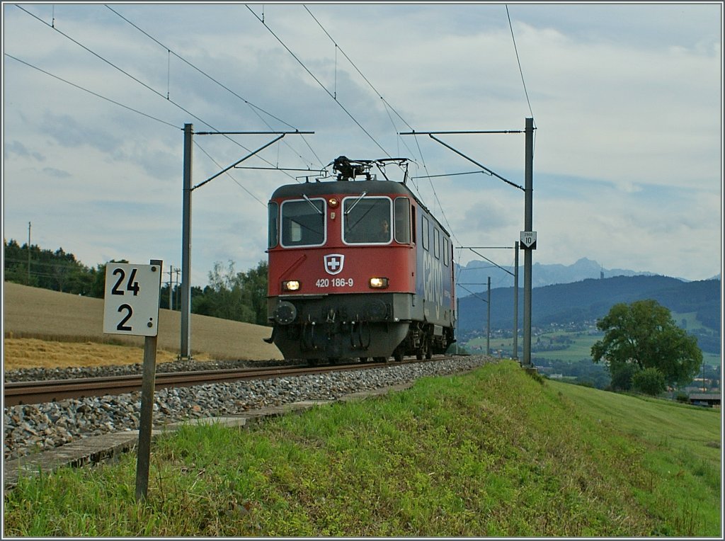 SBB Re 420 186-9 on the way to Romont by the Kilometer 24.2 (by Oron)
10.08.2010