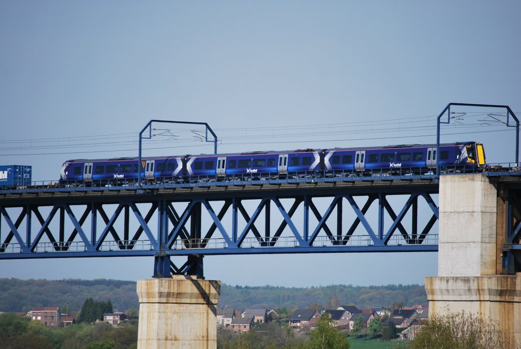 ScotRail EMU hauled within a freight train across Belgium (Moresnet bridge, April 2011)