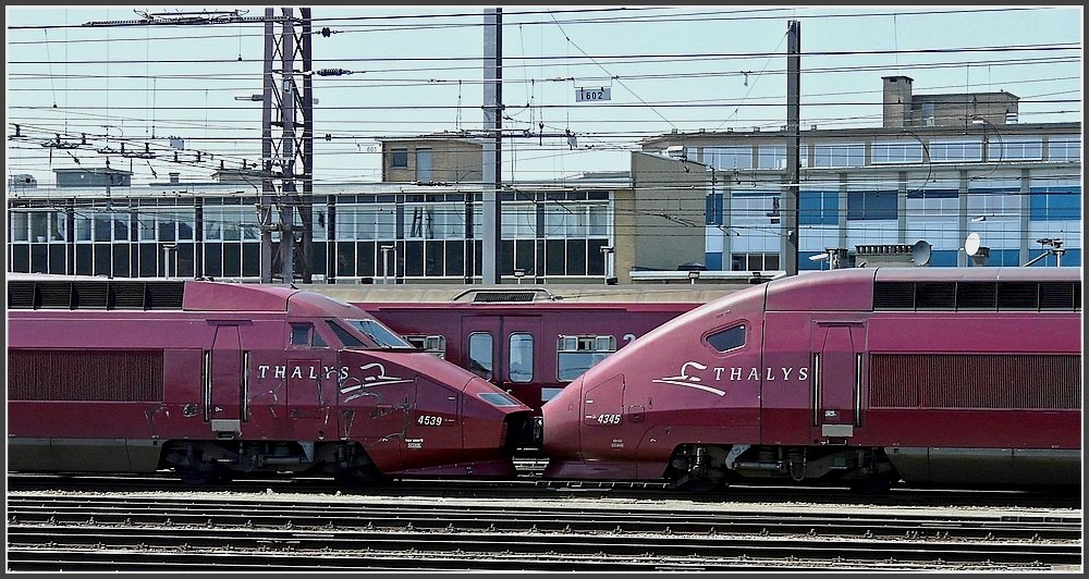 Several red trains pictured at Bruxelles Midi on May 30th, 2009.