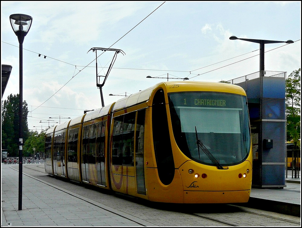Sola Alstom Citadis 300 tram N 2025 pictured in front of the main station of Mulhouse on June 19th, 2010.
