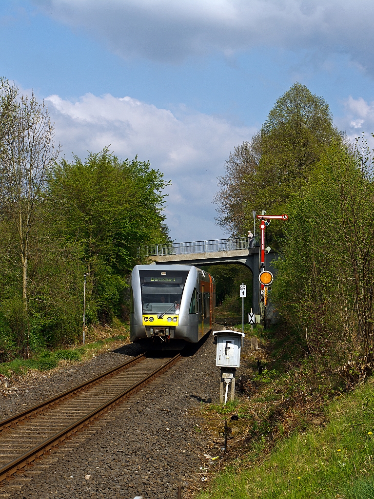 Stadler GTW 2/6 of the Hellertalbahn runs to Betzdorf/Sieg on 01.05.2012 in Herdorf.