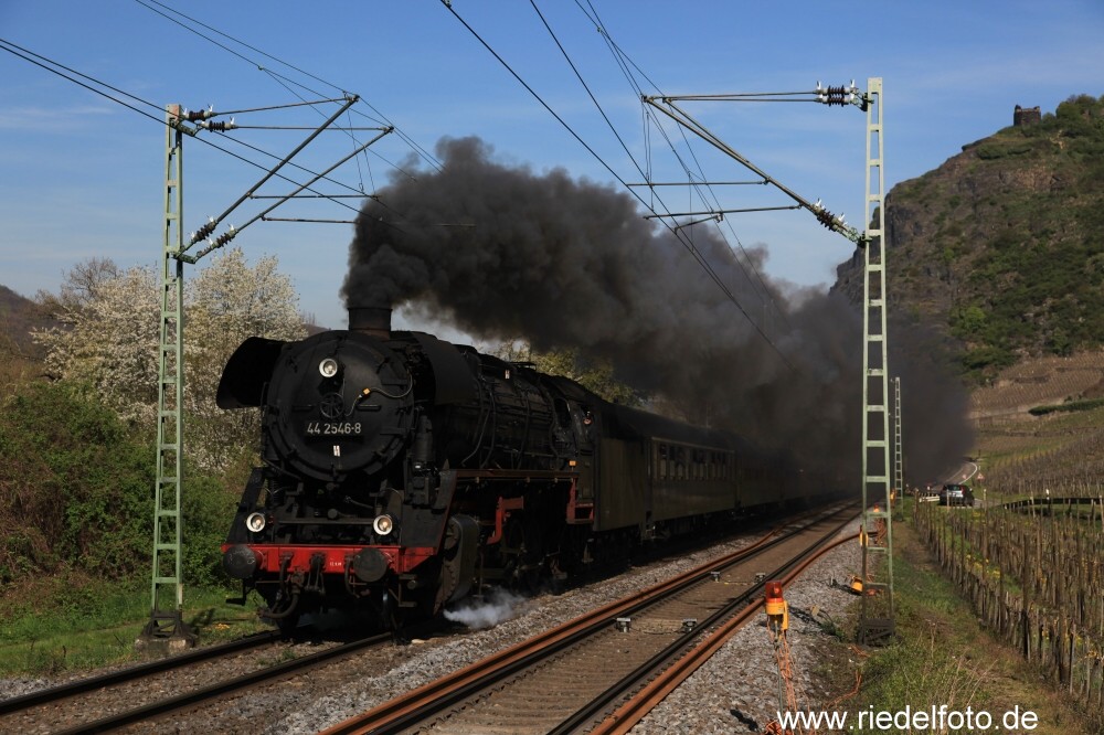 Steam locomotive (type 44) in the rhine valley between Linz and Neuwied (Germany/2010)