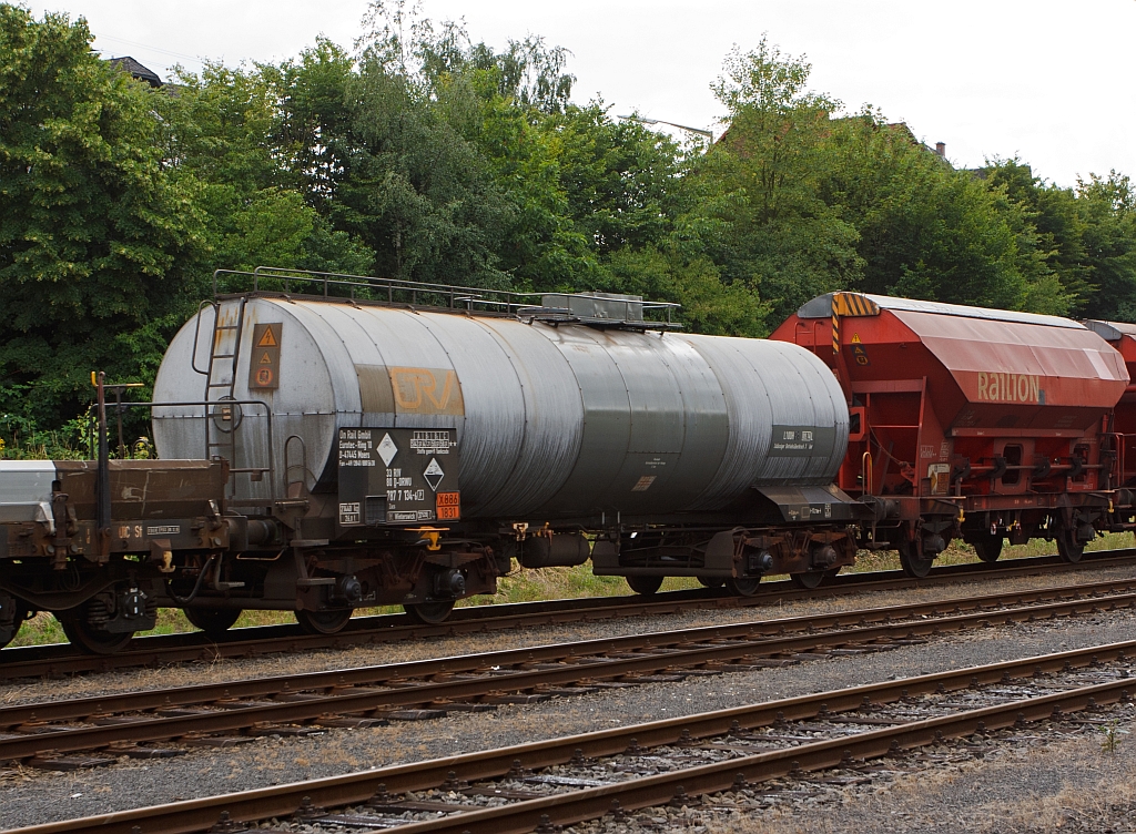 Tank car Zacs of the OnRail  (787 7134-6) loaded with fuming sulfuric acid at the 08.07.2011 in Herdorf on the KSW track system.
