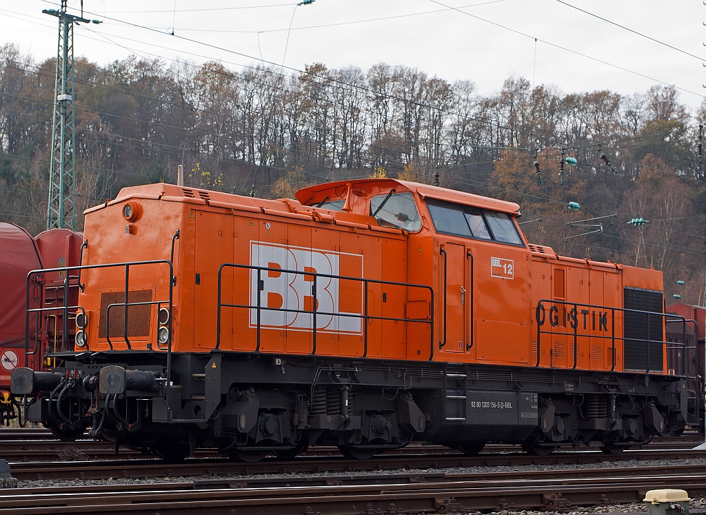 The 203156-5 (ex DR 110496-7, 112496-5 and 202496-6 DB) locomotive No. 12 of the BBL Logistics, parked on 20.11.2011 in Betzdorf / win. The V100.1 in 1972 under the serial no. 13 535 built by LEW