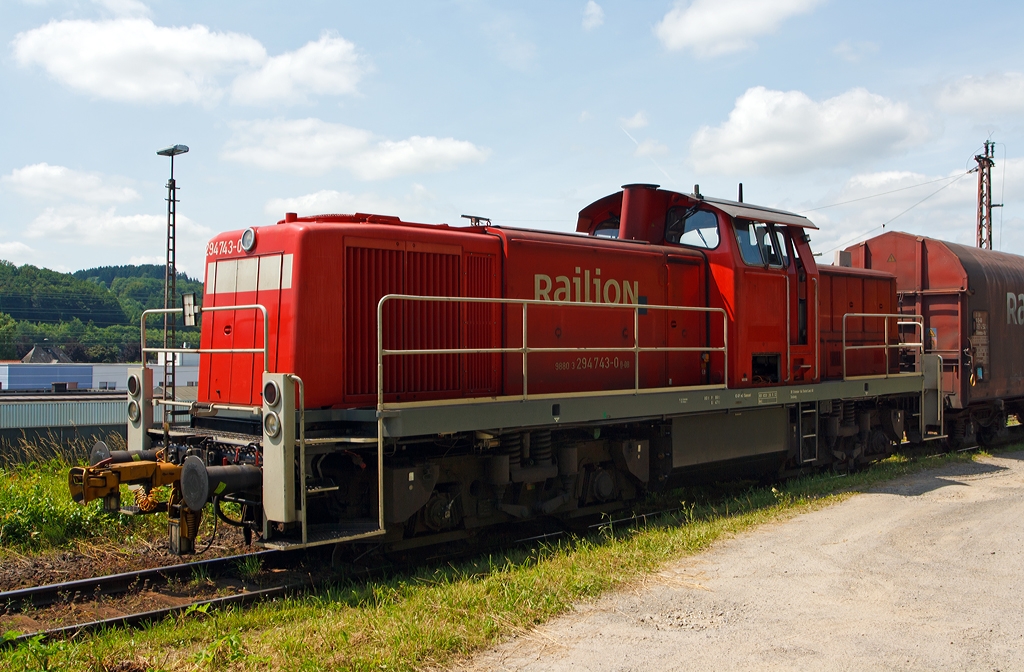 The 294 743-0 (repowered V90), ex DB 290 243-5, of the DB Schenker Rail at 10.07.2013, on the gravity hump in Kreuztal.
