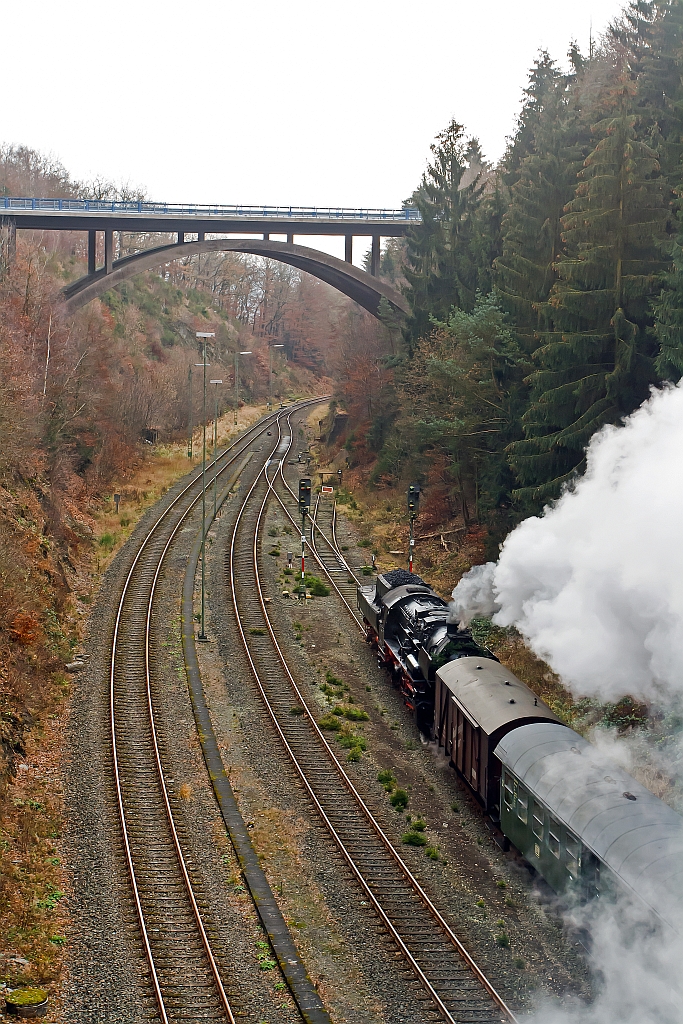 The Betzdorfer 52 8134-0 on the 26.11.2011 as Santa Claus Train, from Dillenburg to Wrgendorf and return. Here she has left the station Burbach-Wrgendorf, ahead of tender,  back towards Dillenburg.